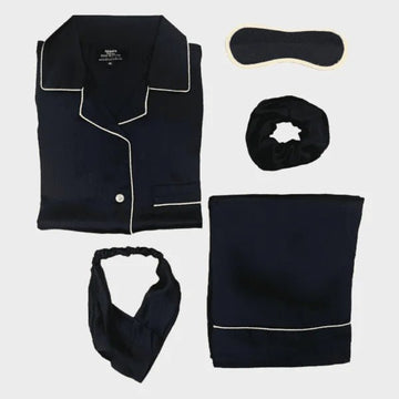 Black silk Pj set (White Outline)- S-7 - NIGHTS WEAR