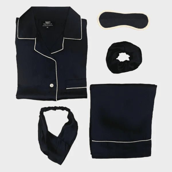 Black silk Pj set (White Outline)- S-7 - NIGHTS WEAR