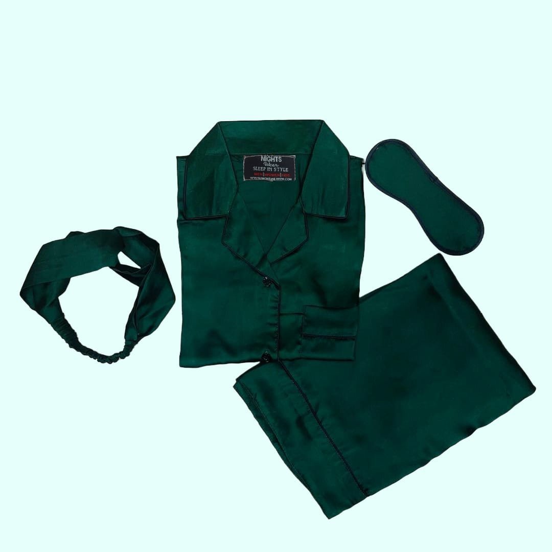 Bottle Green Silk Pj set - S-5 - NIGHTS WEAR
