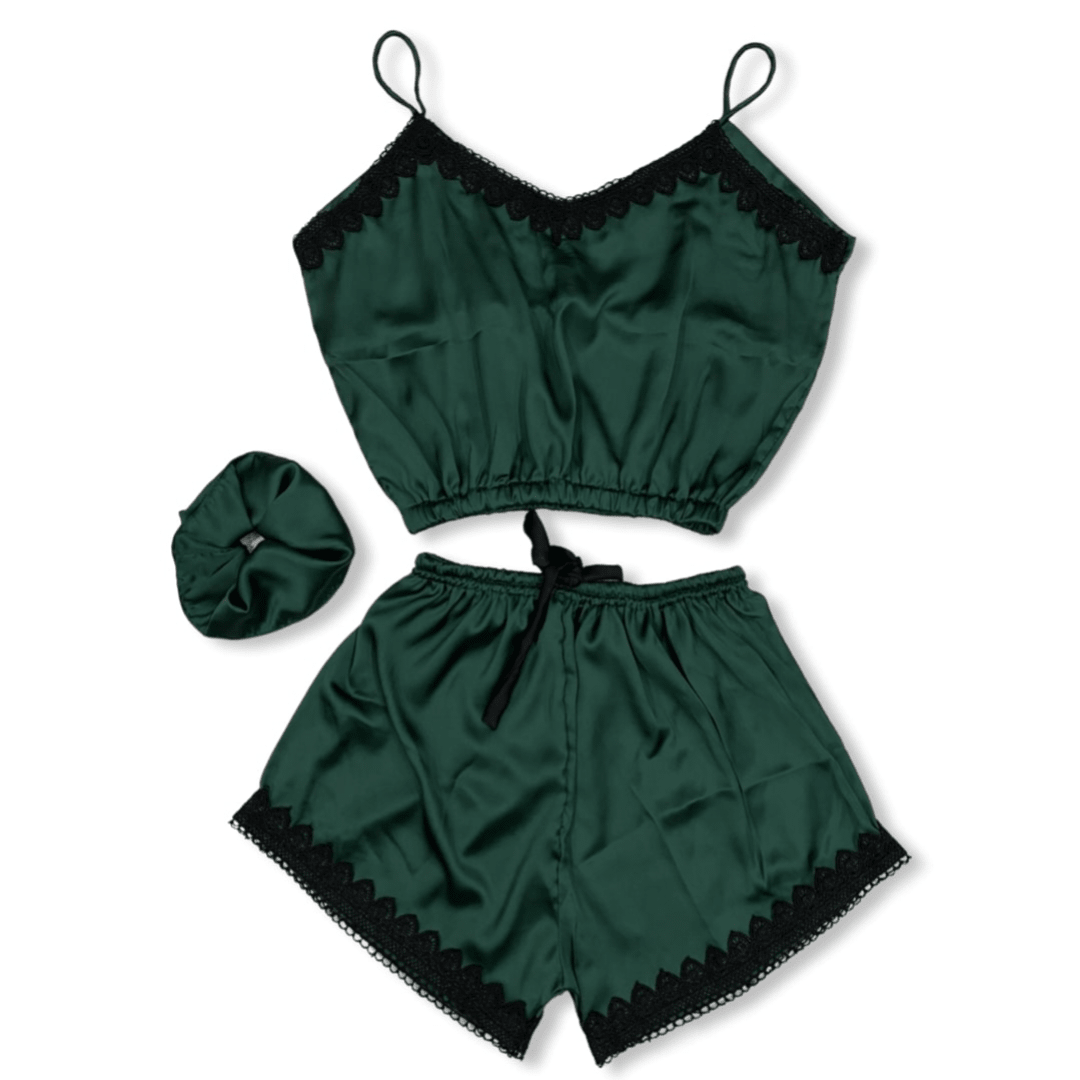Bottle Green Silk Top & Short – S-15 - NIGHTS WEAR