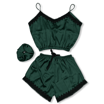 Bottle Green Silk Top & Short – S-15 - NIGHTS WEAR