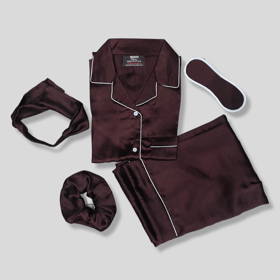 Dark Brown Silk PJ Set – S-11 - NIGHTS WEAR