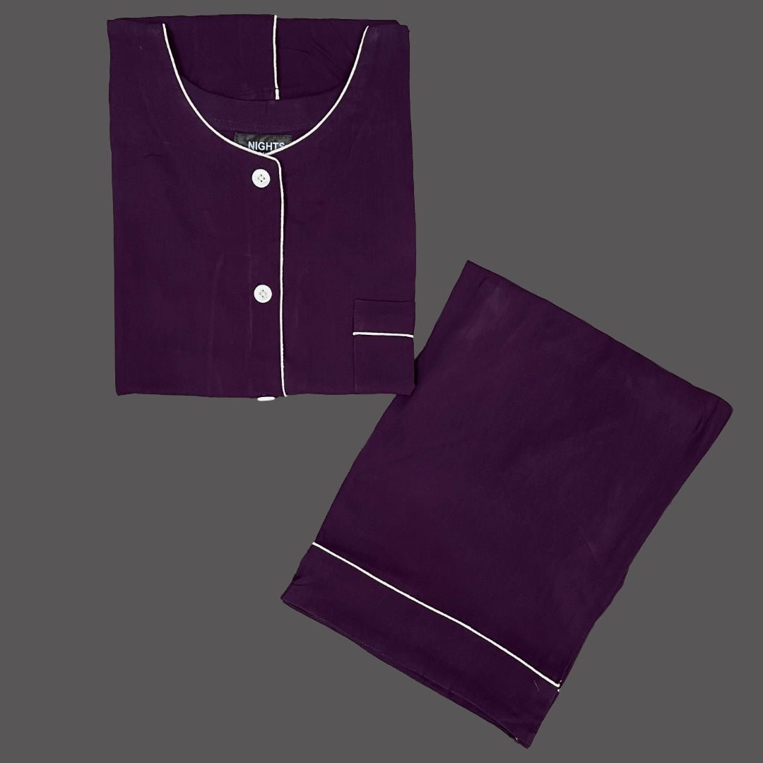 DARK PULPLE ( ROUND NECK ) SUMMER LINEN PJ's SET - NIGHTS WEAR