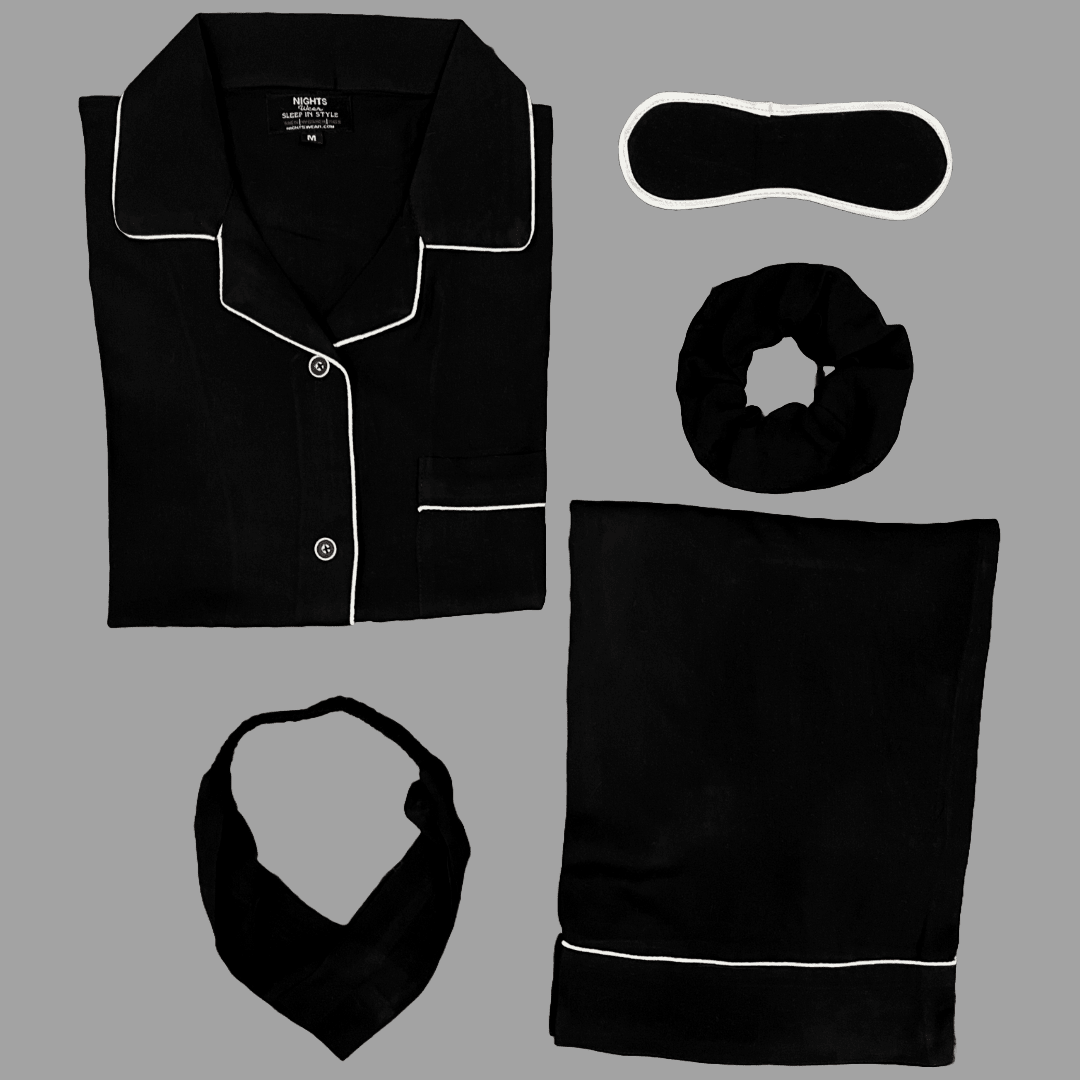 JET BLACK (White Outline) SUMMER LINEN PJ's SET - NIGHTS WEAR