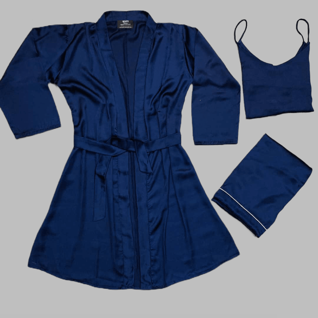 Navy Blue Silk Rob Set – S-27 - NIGHTS WEAR