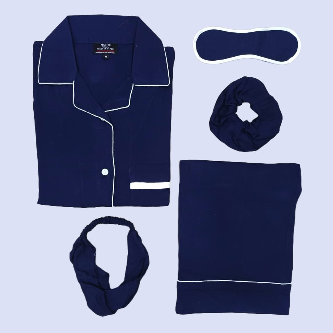 NAVY BLUE SUMMER LINEN PJ's SET - NIGHTS WEAR